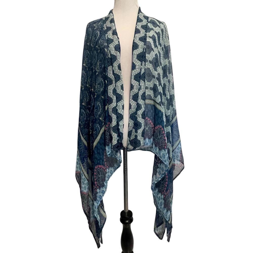 Akemi & Kin Open Kimono Cape Womens One Size Teal Asymmetrical Topper Boho Wrap
